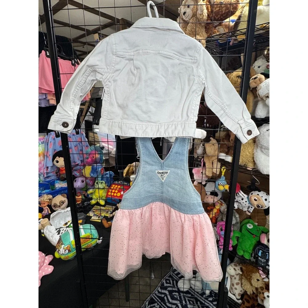 OshKosh B'gosh 2T Unicorn Tulle Jumper Dress + White Denim Jacket Outfit Set
